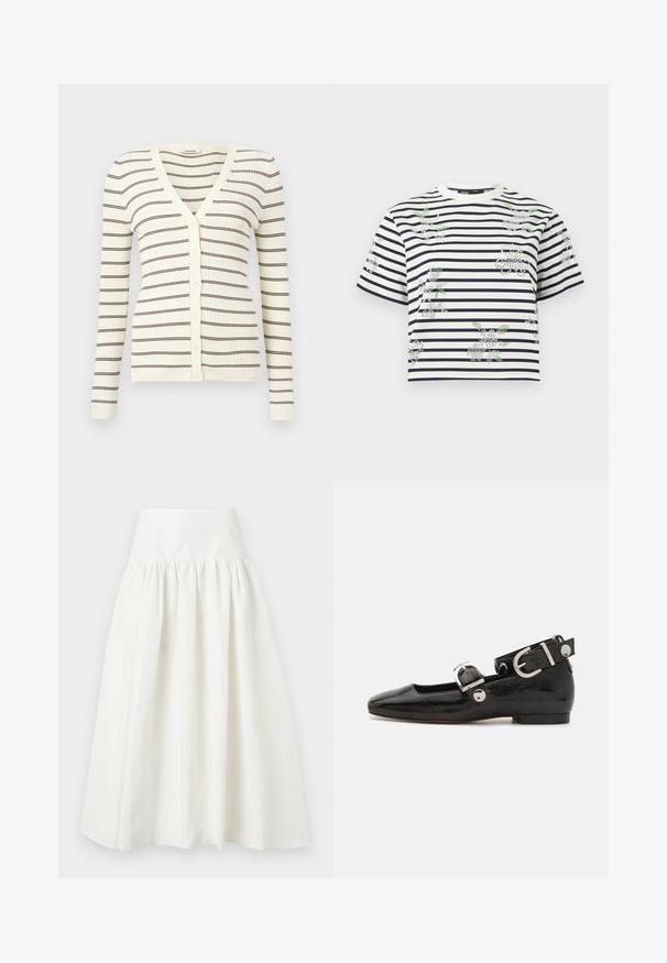 Cardigan crème côtelé à manches longues, rayures horizontales marron, col en V, et boutons sur le devant.; Chemise à manches courtes rayée blanche et marine avec col rond, ornée de petits motifs floraux en perles blanches et vertes dispersés sur le tissu.; Jupe midi blanche taille haute avec un tissu froncé sous la ceinture et une silhouette évasée et fluide.; Ballerine en cuir verni noir avec un bout carré, sangle de cheville avec des détails en métal argenté et semelle plate. Texture lisse avec un design minimaliste.