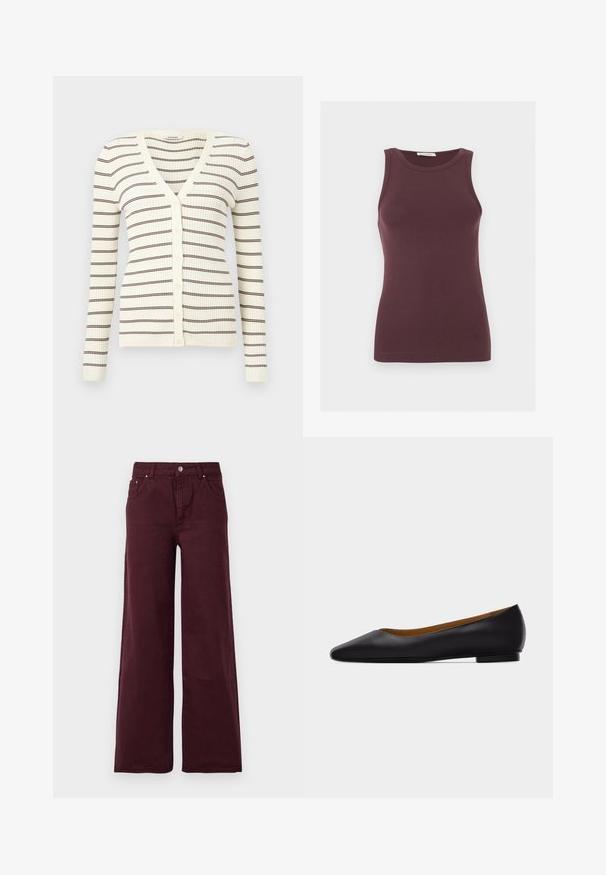 Cardigan crème côtelé à manches longues, rayures horizontales marron, col en V, et boutons sur le devant.; Débardeur ajusté sans manches de couleur violet foncé avec un col rond et un logo discret près de l'ourlet, présenté sur un fond clair uni.; Jeans larges bordeaux avec taille haute, fermeture à bouton en métal, poches avant et un tissu lisse, légèrement texturé.; Chaussure plate en cuir noir à bout pointu avec talon bas et finition lisse, vue de côté sur un fond gris clair.