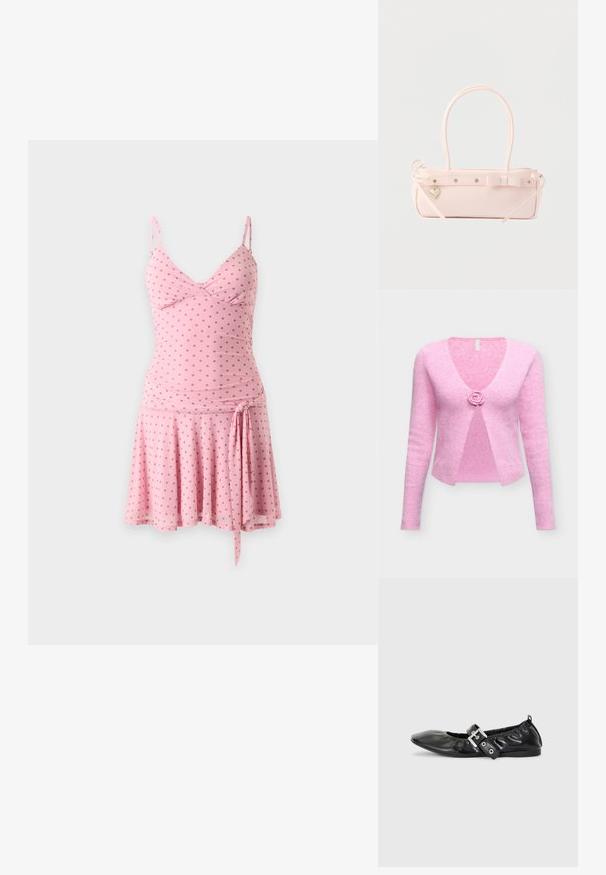 Soft pink knitted long-sleeve cardigan with deep V-neck and a single flower-shaped button closure at the front center.; Pink sleeveless dress with brown polka dots, V-neckline, fitted waist, and a tie detail on the left side above the flared skirt.; Black leather flat shoe with a pointed toe, gathered detailing around the opening, and a silver buckle accent on the adjustable strap.; Pale pink rectangular handbag with double handles, decorative bow, metal grommets, and small heart-shaped charm on a plain background.