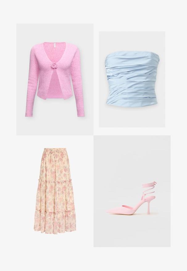 Weicher rosa gestrickter Langarm-Cardigan mit tiefem V-Ausschnitt und einem einzelnen blumenförmigen Knopfverschluss vorne in der Mitte.; Hellblaues schulterfreies Satintop mit horizontalen Falten und leicht geraffter Textur auf einfarbigem Hintergrund.; Langer beiger Rock mit pinkem Blumenmuster, elastischem Bund mit Kordelzug und gestuften Rüschen-Details.; Rosa High Heels mit spitzem Zeh, satinierter Oberfläche und Knöchelriemen mit gekreuzten Details. Elegante Silhouette und dünner Absatz.