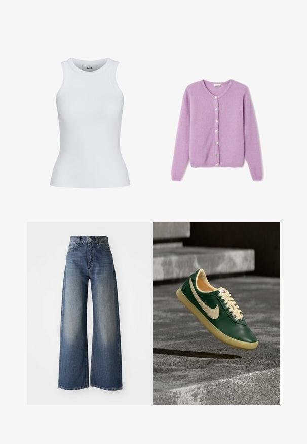 Fliederfarbener Cardigan aus weichem, strukturiertem Material, mit V-Ausschnitt, langen Ärmeln und einer Reihe von sechs perlmuttfarbenen Knöpfen auf der Vorderseite.; Weißes, geripptes Tanktop mit runder Ausschnittform und ärmellosem Design. Hat eine Slim-Fit-Passform und eine weiche Textur, ideal zum Lagenlook.; Blaue hoch taillierte Schlagjeans mit vorderem Knopf und Taschen, verblasste Textur an den Oberschenkeln und geradem Saum.; Grüner und beiger Nike-Sneaker, in der Luft über strukturierten Betontreppen, Seitenansicht mit sichtbaren Schnürsenkeln und Logo.