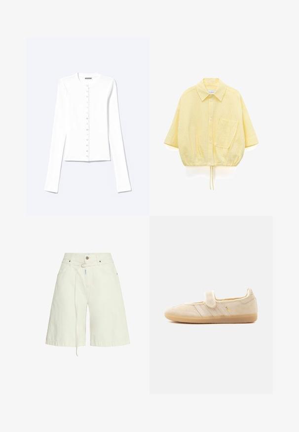 Witte cardigan met lange mouwen en knopen, ronde halslijn en metalen drukknoopsluiting aan de voorkant.; Geel-wit gestreept kortermouw overhemd met kraag, borstzak en tunnelkoord onderaan.; Lichtbeige denim shorts met een relaxte fit, riemlussen, voorzakken en een trekkoordfunctie in de taille. Gladde textuur.; Beige suède Mary Jane sneaker met klittenbandsluiting, rubberen zool, drie gestikte strepen en gouden "SAMBA"-branding aan de zijkant.