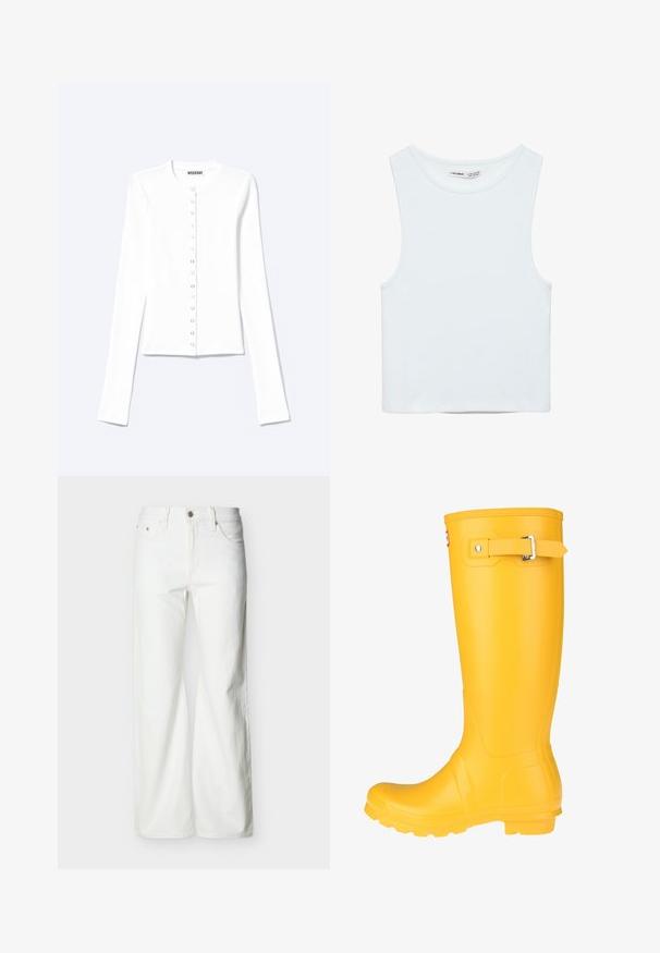 Witte cardigan met lange mouwen en knopen, ronde halslijn en metalen drukknoopsluiting aan de voorkant.; Witte mouwloze crop top met ronde hals, gemaakt van gladde stof, met Pull&Bear-label, geschikt voor casual wear.; Witte jeans met rechte pijpen en hoge taille, voorzien van een knoopsluiting aan de voorkant, rits, en zij- en achterzakken, tegen een effen lichte achtergrond.; Geel rubberen regenlaars met een gladde oppervlakte, verstelbare gesp, en een gestructureerde zool voor grip. Hoge ontwerp, ronde neus en naadloze body.