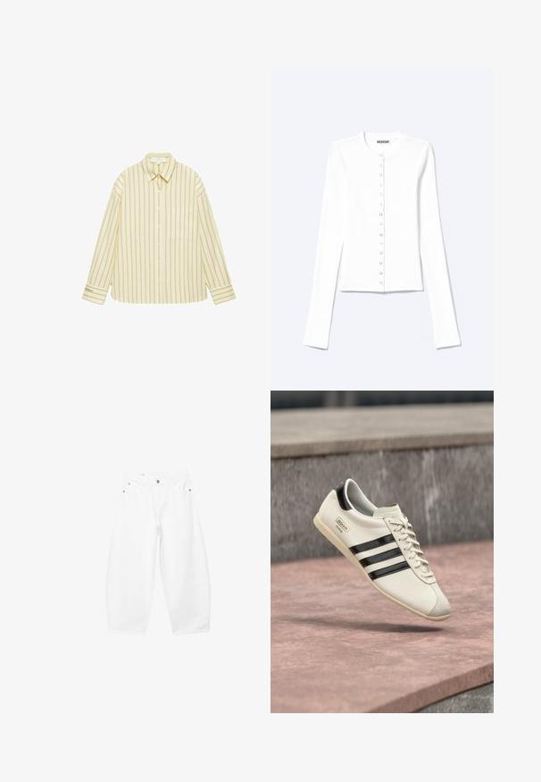 Cardigan blanc à manches longues, boutonné, avec un col rond et des boutons-pression métalliques sur le devant.; Chemise boutonnée jaune clair avec fines rayures verticales marron, manches longues, col, poche poitrine et petit texte sur le poignet gauche.; Jean blanc à jambes larges avec boutons et fermeture éclair à l'avant, passants pour ceinture, poches latérales et avant, présenté sur un fond uni.; Baskets blanches Adidas avec des rayures noires et une semelle beige, flottant au-dessus d'une surface en béton rosâtre et d'un fond en pierre grise.