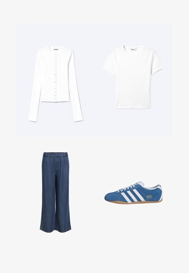Cardigan blanc à manches longues, boutonné, avec un col rond et des boutons-pression métalliques sur le devant.; T-shirt blanc uni à manches courtes et col rond avec une petite étiquette "WEEKDAY" à l'intérieur de l'encolure, présenté à plat sur un fond clair.; Pantalon en denim bleu foncé à jambe droite avec une taille élastique et des passants de ceinture, sans poches visibles, présenté sur un fond blanc.; Baskets en daim bleu avec des rayures en cuir blanc, présentant une pointe arrondie, une semelle en caoutchouc gomme et un logo doré "adidas TOKYO" sur le côté.