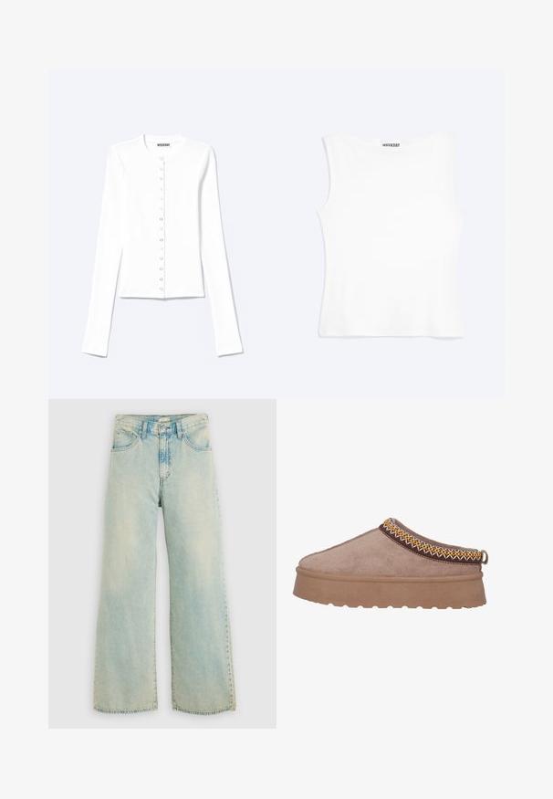 Cárdigan blanco de manga larga con botones, escote redondo y cierres de presión metálicos en el frente.; Camiseta sin mangas blanca ajustada con escote redondo y diseño minimalista, etiquetada como "WEEKDAY" en el interior del cuello.; Jeans de mezclilla azul claro de pierna ancha con cintura alta, acabado desgastado, diseño de cinco bolsillos y piernas de corte recto con dobladillo sin rematar.; Zapato marrón de ante sin cordones con una suela gruesa y texturizada, que presenta un intrincado bordado amarillo y marrón a lo largo del borde superior.