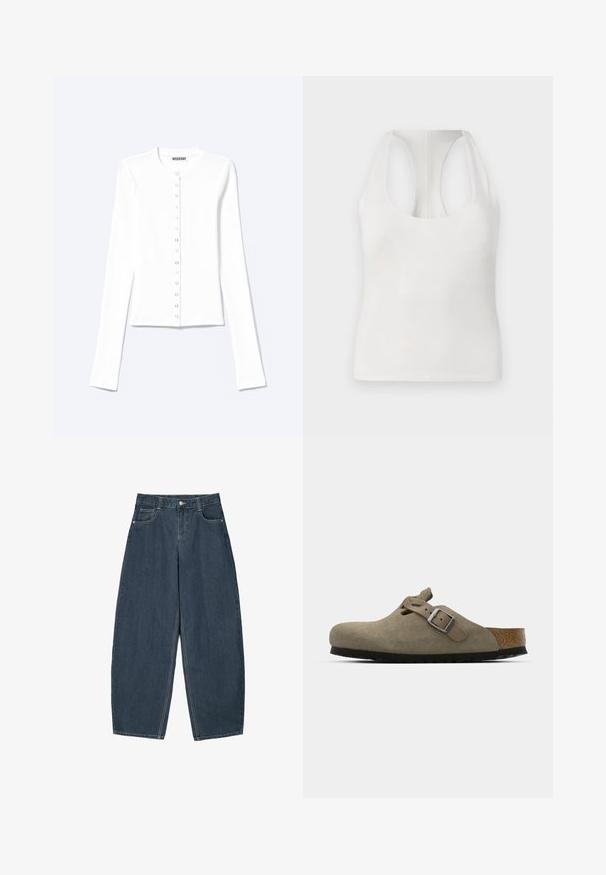 Hvid langærmet cardigan med knapper, rund halsudskæring og metaltrykknapper foran.; Hvid ærmeløs top lavet af blødt stof, med rund halsudskæring og racerback-design, glat tekstur og ingen synlige mønstre.; Mørkeblå denim buede bukser med høj talje, som har fem lommer og synlige stingdetaljer. Ren, minimalistik design.; Suede træsko i lys olivengrøn med en formet kork- og gummisål. Har en side rem med en metal spænde og en rund tå.