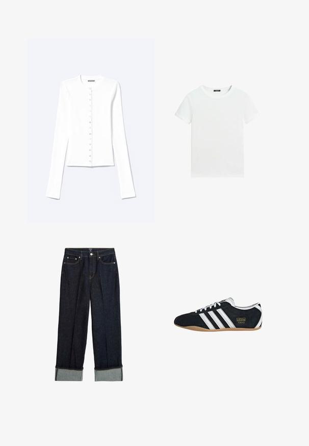 Hvid langærmet cardigan med knapper, rund halsudskæring og metaltrykknapper foran.; Almindelig hvid T-shirt med korte ærmer, rund halsudskæring og lille sort label inden i kraven.; Mørkeblå bredbenede jeans med opsmøg, der har orange syninger og klassisk fem-lommers design. Lavet af denimstof.; Sort ruskinds sneaker med hvide tre striber, guldlogo og en brun gummisål. Har et lavprofil snørebåndsdesign.