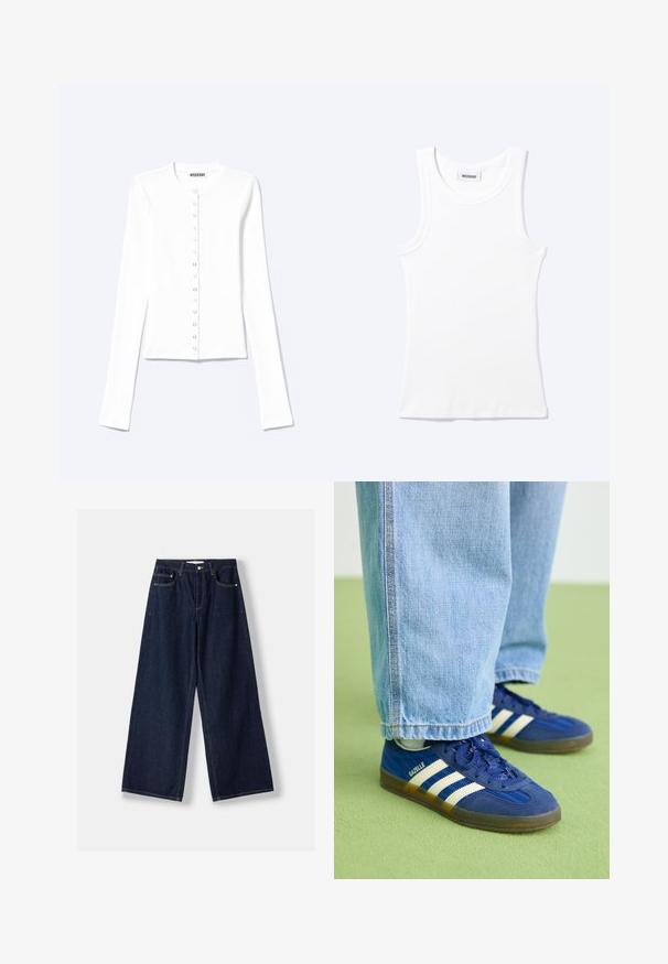 Weißer langärmeliger Cardigan mit Rundhalsausschnitt und Metall-Druckknöpfen vorne.; Weißes ärmelloses geripptes Tanktop mit rundem Ausschnitt und einem kleinen Etikett mit der Aufschrift "WEEKDAY" innen im Kragen.; Dunkelblaue Jeans mit weitem Bein, vorderer Knopf- und Reißverschluss, vorderen Taschen und Gürtelschlaufen, flach auf weißem Hintergrund ausgelegt.; Blaue Wildleder-Sneaker mit weißen Streifen und strukturierten Mustern, kombiniert mit hellblauen Jeans, vor einem grünen Hintergrund.
