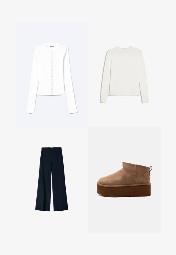 Cardigan blanc à manches longues, boutonné, avec un col rond et des boutons-pression métalliques sur le devant.; T-shirt blanc uni à manches longues avec col rond et coupe ajustée, posé à plat sur un fond blanc.; Pantalons larges navy en tissu lisse, dotés de deux plis avant et d'une fermeture à un bouton à la taille.; Bottine marron en daim de hauteur moyenne, style slip-on, avec une semelle épaisse compensée et un onglet à l’arrière sur fond clair.