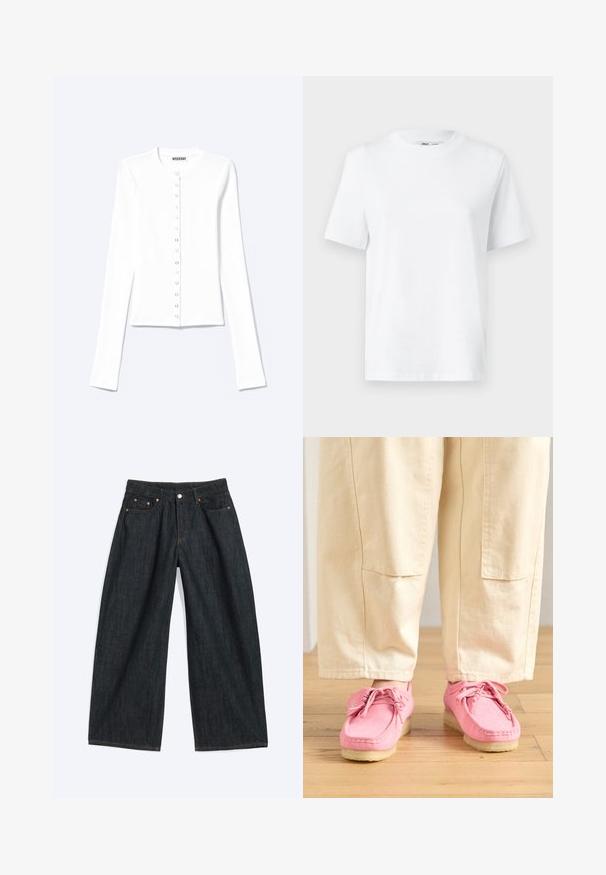 Cárdigan blanco de manga larga con botones, escote redondo y cierres de presión metálicos en el frente.; Camiseta de algodón blanca de cuello redondo con mangas cortas y una textura suave. Diseñada con un ajuste relajado para mayor comodidad y versatilidad.; Vaqueros de mezclilla azul oscuro de pierna ancha con botón delantero y diseño de cinco bolsillos, colocados planos sobre un fondo blanco.; Zapatos de ante rosa estilo mocasín con cordones, que cuentan con una superficie texturizada y una suela de goma beige claro, combinados con pantalones beige.
