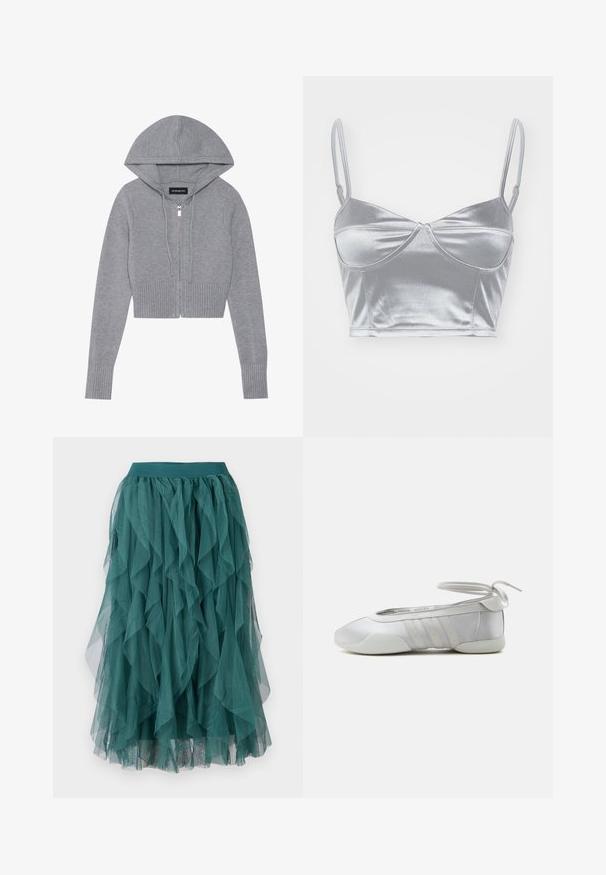 Sudadera gris recortada con cremallera en un material de punto suave. Presenta una capucha, dobladillo y puños acanalados, con un detalle de cremallera plateada.; Bralette de satén plateado con tirantes finos ajustables, escote corazón y diseño retorcido en el centro. Textura suave y brillante.; Falda de tul verde azulado con volantes en capas, que cuenta con una cinturilla elástica y una textura fluida. La tela es ligera y transparente.; Zapato plano de ballet blanco con punta redondeada, tres rayas laterales cosidas y cierre con lazo alrededor del tobillo, mostrado desde una vista lateral.