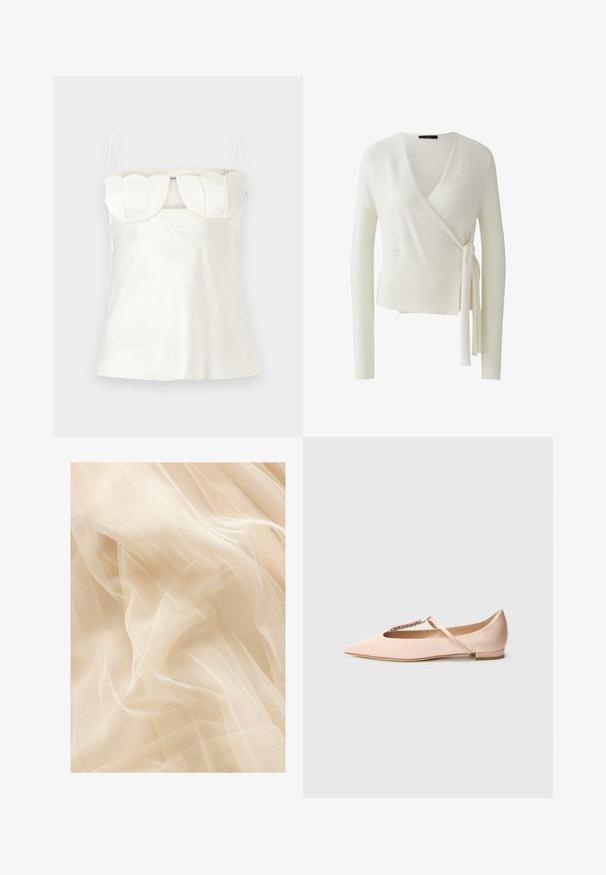 Witte wikkeltrui met lange mouwen, V-hals en zijstrikdetail, geribde zoom en manchetten, zachte gestructureerde stof.; Witte satijnen camisole met verstelbare bandjes, een gestructureerde, gegolfde buste en een rechte zoom. Gladde textuur en minimalistisch ontwerp.; Lichtbeige tule stof met een zachte, doorschijnende textuur, met een fijne gaasweving die zachte golven en plooien creëert.; Bleekroze platte schoen met een puntige neus, gemaakt van satijnen materiaal, versierd met een met juwelen bezette band over de wreef, lage hak.