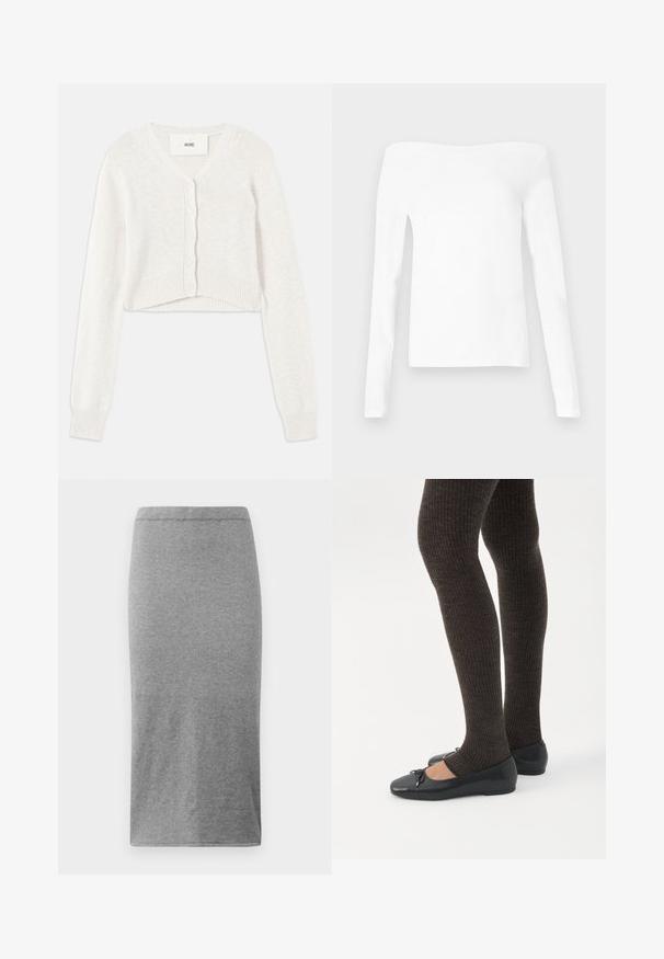 Korthvid cardigan med v-hals, knaplukning og ribbede manchetter. Fremstillet af et blødt strikket stof med en subtil tekstur.; Hvid, langærmet off-shoulder top lavet af blødt stof. Har et rent, enkelt design med en lige halsudskæring og tætsiddende ærmer.; Grå, knælang nederdel lavet af blødt, strækbart stof. Den har et enkelt, tætsiddende design med elastisk talje og glat overflade.; Ben iført mørke ribbede leggings kombineret med sorte balletsko med små sløjfedetaljer på hvid baggrund.