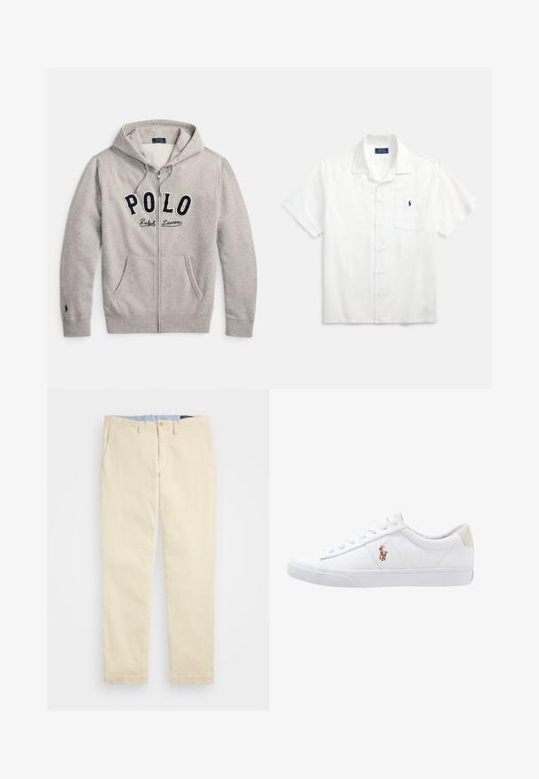 Helehall zip-up kapuutsiga dressipluus ees taskutega ja "POLO Ralph Lauren" logo rinnal, tumesinisel ja kreemival.; Valge lühikeste varrukatega särk, valmistatud puuvillast, millel on sälkkragen, ees nupud ja väikene sinine logo rinnataskul.; Polo Ralph Lauren FLAT FRONT - Püksid - guide cream; Valge kanvasest tennis, madala lõikega disain, millel on beež kontsapink ja väike tikitud logo küljel. Kummi välissole.