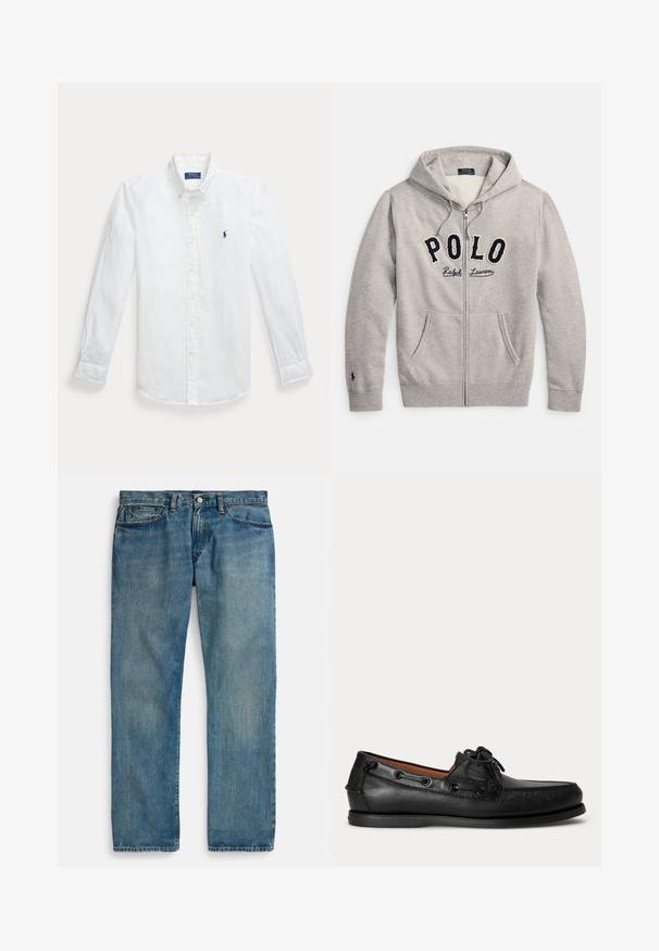 Svetlosivá mikina na zips s kapucňou a prednými vreckami, s logom "POLO Ralph Lauren" v námorníckej modrej a krémovej farbe na hrudi.; Biela ľanová košeľa s dlhým rukávom, zapínaním na gombíky a špicatým golierom, s vyšitým modrým logom na ľavej hrudi. Má gombíkové manžety.; Svetlomodré rifle z denimu s rovnými nohavicami, vybavené piatimi vreckami, zapínaním na gombík a jemne vyblednutým efektom pre textúru.; Čierne kožené mokasíny so šnúrkou a nízkou gumovou podrážkou, zobrazené z boku na hladkom svetlom pozadí.