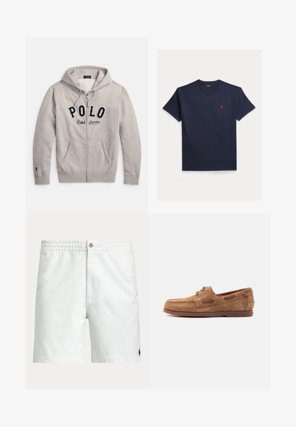 Svetlosivá mikina na zips s kapucňou a prednými vreckami, s logom "POLO Ralph Lauren" v námorníckej modrej a krémovej farbe na hrudi.; Tmavomodré bavlnené tričko s výstrihom do V, krátkymi rukávmi a malým červeným vyšívaným logom na ľavej strane hrudníka. Hladká textúra, štandardný strih.; Biele pánske šortky s elastickým pásom, zapínaním na gombík, bočnými vreckami a malým tmavým logom blízko spodného lemu na jednej nohe.; Hnedý semišový mokasín s koženou šnúrkou, prešitou špičkou a plochou gumovou podrážkou, zobrazený z boku na svetlom pozadí.