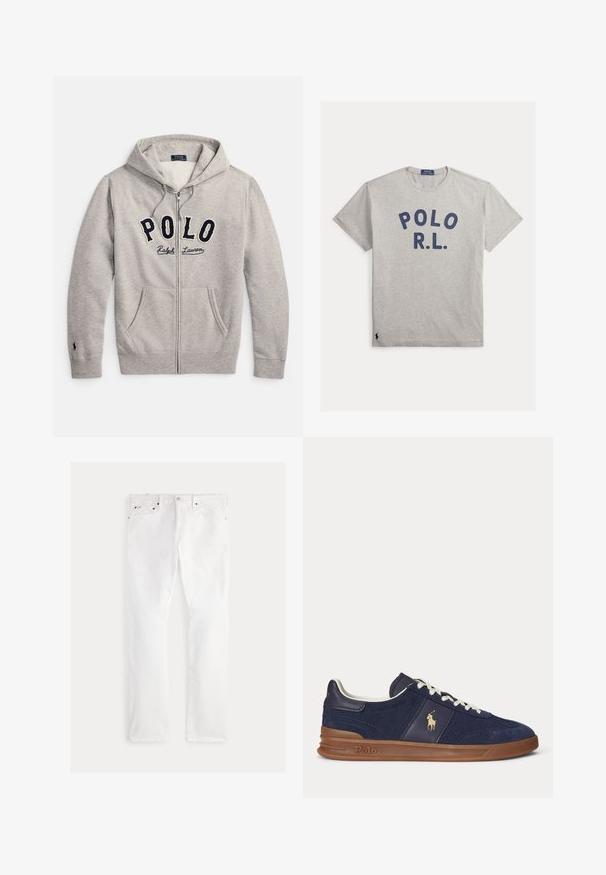 Lysegrå lynlåshættejakke med frontlommer og "POLO Ralph Lauren"-logo i marineblåt og creme på brystet.; Lysegrå T-shirt med korte ærmer og rund hals, med mørkeblå "POLO R.L." tekst på brystet og lille broderet logo nær nederste kant.; Hvide denimjeans med lige ben, der har fem lommer, kobberhardware og diskrete syningsdetaljer. Glat tekstur med en ren finish.; Mørkeblå lavtopsneaker med hvide snørebånd, brun sål og Polo-spiller logo på siden, set fra venstre.