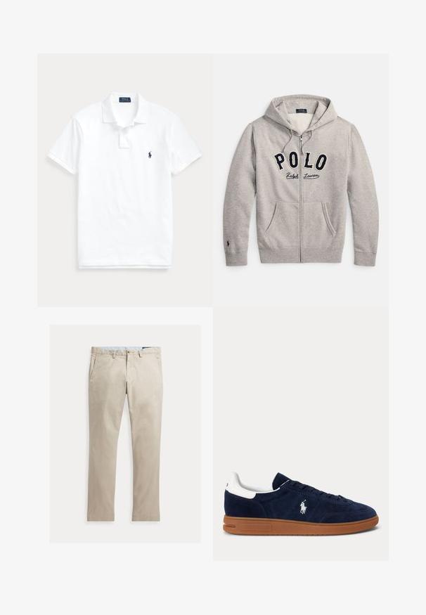Lysegrå lynlåshættejakke med frontlommer og "POLO Ralph Lauren"-logo i marineblåt og creme på brystet.; Hvid polo t-shirt med korte ærmer, krave, to-knaps lukning og lille mørkeblå logo på venstre bryst.; Beige bomuldsbukser med lige ben, forlommer, bæltestropper, knaplukning og lynlås, lagt fladt på en hvid baggrund.; Mørkeblå ruskindssneaker med hvid hælflap, broderet logo på siden, brun gummisål og sorte snørebånd.