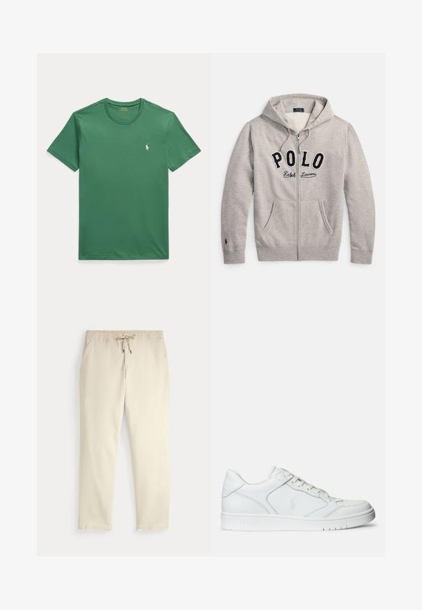Svetlosivá mikina na zips s kapucňou a prednými vreckami, s logom "POLO Ralph Lauren" v námorníckej modrej a krémovej farbe na hrudi.; Zelené tričko s krátkym rukávom a okrúhlym výstrihom s malým bielym logom koníka Polo Ralph Lauren na ľavej strane hrudníka.; Krémové voľné nohavice s elastickým pásom a šnúrkou, rovné nohy a bočné vrecká na jednofarebnom pozadí.; Biele kožené tenisky s hladkým povrchom, obsahujúce perforovanú špičku, šnúrkové uzatvorenie a vyšívané logo na boku. Biela gumová podrážka.
