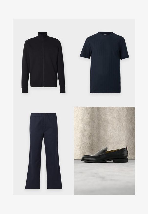 Zwarte jas met volledige ritssluiting, hoge kraag, geribbelde manchetten en zoom, en een subtiel "BOSS"-logo op de linkerborst.; Marineblauw T-shirt met korte mouwen en een ronde hals, met een subtiele verticale geribbelde textuur op een effen achtergrond.; Donkerblauwe, uitlopende broeken gemaakt van soepel materiaal. Heeft een elastische tailleband en zijzakken. Strakke lijnen en een minimalistisch ontwerp.; Zwarte leren herenslipper met een krokodillen-embossed voorblad en een lage hak, zij-aanzicht op een neutrale achtergrond.