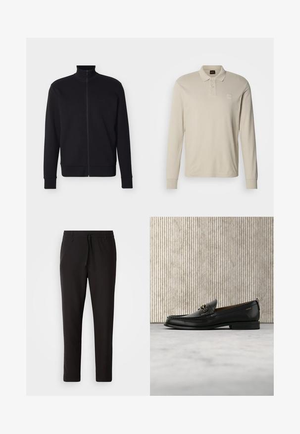 Veste noire zippée intégrale avec col haut, poignets et ourlet côtelés, et logo "BOSS" subtil sur la poitrine gauche.; Polo beige à manches longues en matière douce, doté d'un col classique, de trois boutons et d'un petit écusson avec logo sur la poitrine.; Pantalons de jogging noirs en tissu lisse. Dotés d'une taille élastique avec cordon de serrage, jambes fuselées, et sans poches visibles. Design simple.; Mocassin en cuir noir avec mors en métal doré et logo "HUGO", présenté sur un tapis beige et un meuble translucide marron.