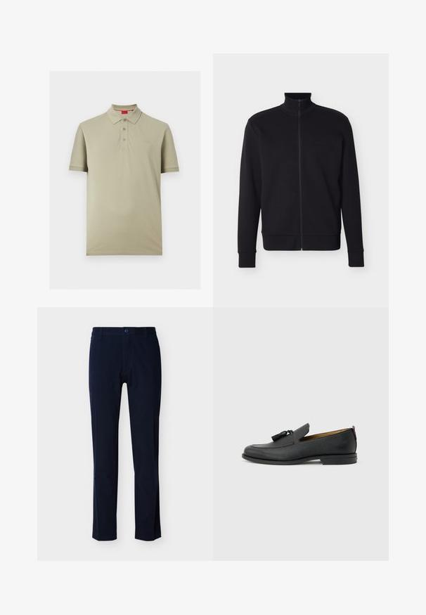 Veste noire zippée intégrale avec col haut, poignets et ourlet côtelés, et logo "BOSS" subtil sur la poitrine gauche.; Polo beige clair à manches courtes avec trois boutons et un petit logo "HUGO" sur la poitrine gauche.; Un pantalon en coton bleu marine présente un devant plat, des jambes droites, une braguette à glissière et une fermeture par un seul bouton. Aucun motif ou accent visible.; Mocassin pour homme en cuir noir avec pompons, bout arrondi, petit talon et languette à l'arrière, présenté de profil sur un fond gris clair.