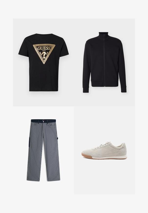 Schwarze Jacke mit durchgehendem Reißverschluss, hohem Kragen, gerippten Bündchen und Saum sowie dezentem "BOSS"-Logo auf der linken Brust.; Guess CHAIN - T-Shirt print - jet black; Herrenhose mit geradem Bein und vertikalen marineblau-weißen Streifen, mit Vorder- und Gesäßtaschen sowie einer seitlichen Werkzeugschlaufe.; Hellbeiger Wildleder-Sneaker mit weißen Schnürsenkeln, Kautschuksohle und dezenten Nahtdetails, von der linken Seite auf weißem Hintergrund gezeigt.