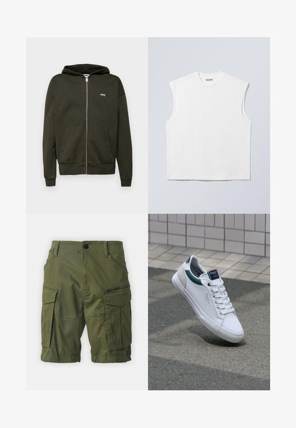 Mørk olivengrøn zip-up hoodie lavet af bomuldsblanding, med to frontlommer, ribbede manchetter og et lille hvidt logo på brystet.; Hvid ærmeløs bomulds top med rund hals og markerede skulderpartier, mærket "WEEKDAY" på halsmærket, vist på lys grå baggrund.; Olivengrønne cargo shorts lavet af letvægtigt stof. Har flere lommer, herunder en lynlåslomme på siden. Rullet kant.; Hvide lædersneakers med grønne og beige accenter, der har en tekstureret sål, rund tå og traditionelt snørrebåndsdesign.