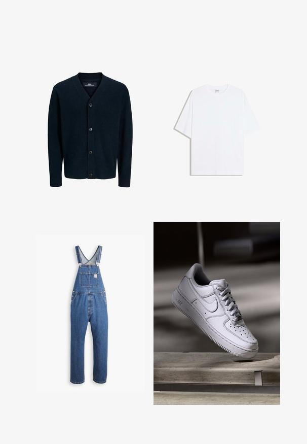 Marineblaue Strickjacke mit langen Ärmeln, V-Ausschnitt und vier schwarzen Knöpfen auf der Vorderseite, beschriftet mit "R.D.D. Royal Denim Division."; Weißes, übergroßes Baumwoll-T-Shirt mit rundem Ausschnitt und kurzen Ärmeln; glatte Textur, keine sichtbaren Muster oder Akzente.; Denim-Latzhose in Mittelblau, mit verstellbaren Trägern, einer Brusttasche und metallischen Beschlägen, im lässigen Schnitt und geradem Bein-Design.; Weißer Nike Air Force 1 Sneaker aus Leder mit perforierter Zehenpartie, flachen Schnürsenkeln und strukturierter Gummisohle mit "AIR"-Branding an der Seite.
