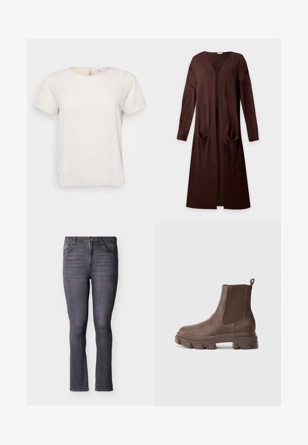Lang brun åben-front cardigan med lange ærmer og to forlommer, lavet af blødt strikstof.; Kortærmet, rundhalset top i lys beige stof med en glat tekstur; har en nøglehulsdetalje på ryggen og en afslappet pasform.; Grå slim-fit denimjeans med fem lommer, forreste knap- og lynlåslukning, med subtile falmninger og syningsdetaljer.; Brun ankelstøvle lavet af tekstureret materiale med elastiske sidepaneler, trækstrop og en chunky sål med mønster for forbedret greb.