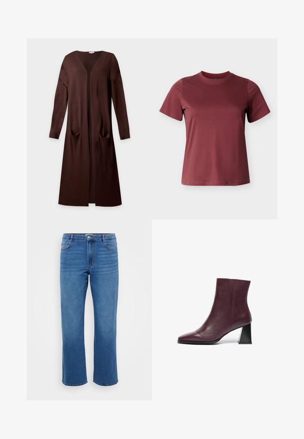 Lang brun åben-front cardigan med lange ærmer og to forlommer, lavet af blødt strikstof.; Bourgognefarvet t-shirt med korte ærmer lavet af blød bomuld, med rund halsudskæring og en glat, ensartet tekstur uden synlige mønstre eller accenter.; Blå denimjeans med lige ben, der har en knaplukning, klassisk fem-lomme design og en subtil falmet tekstur på lårene.; Bordeaux læder ankelstøvle med spids tå og en chunky, sort geometrisk hæl; glat tekstur med minimale syninger.