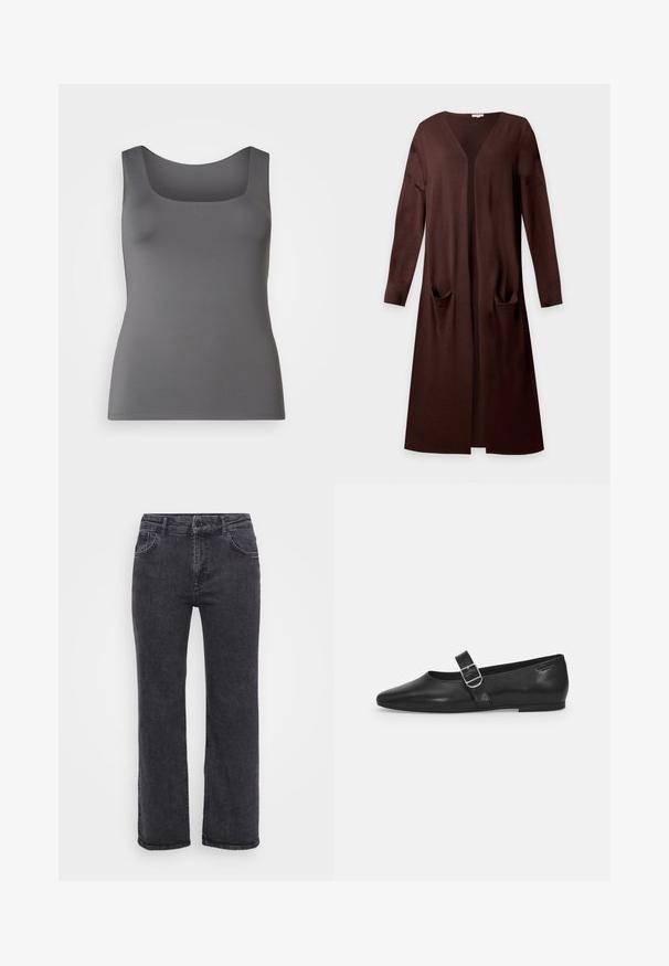 Lange bruine open-front cardigan met lange mouwen en twee voorzakken, gemaakt van zachte gebreide stof.; Grijze tanktop met een vierkante halslijn. Gemaakt van een gladde stof, met een aansluitende silhouet en brede schouderbanden.; Zwarte denim jeans met een rechte pijpdesign, vijf zakken en een knoopsluiting. De stof heeft een licht vervaagde textuur en stevige stiksels.; Zwarte leren platte schoen met een ronde neus, een enkele verstelbare gespsluiting en een gladde, glanzende textuur. Minimalistisch ontwerp met een lage hak.
