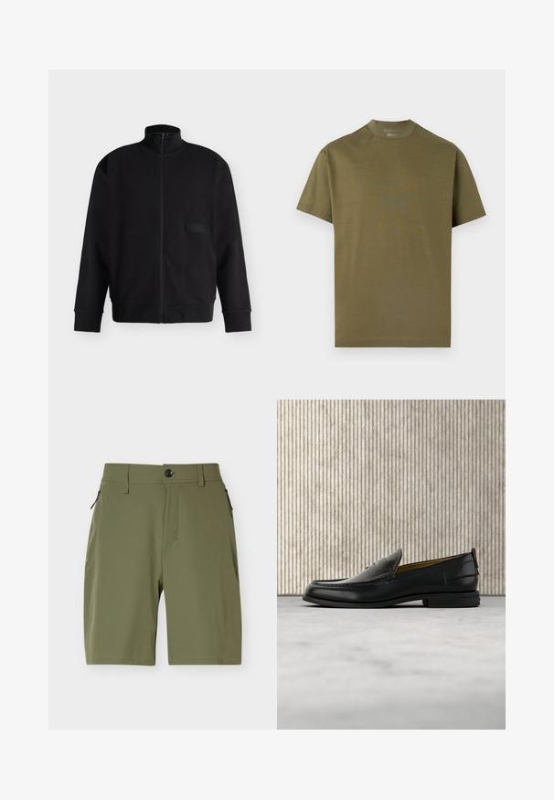 Veste noire zippée avec col montant, manches longues, poignets et ourlet côtelés, et un petit patch rectangulaire sur la poitrine.; T-shirt à manches courtes vert olive avec col rond, logo Porsche discret en relief sur la poitrine et marquage BOSS sur le col.; Shorts pour hommes longueur genou de couleur vert olive avec fermeture par bouton et poches latérales zippées sur fond blanc.; Mocassin pour homme en cuir noir avec un dessus embossé effet croco et un petit talon, présenté de profil sur un fond neutre.