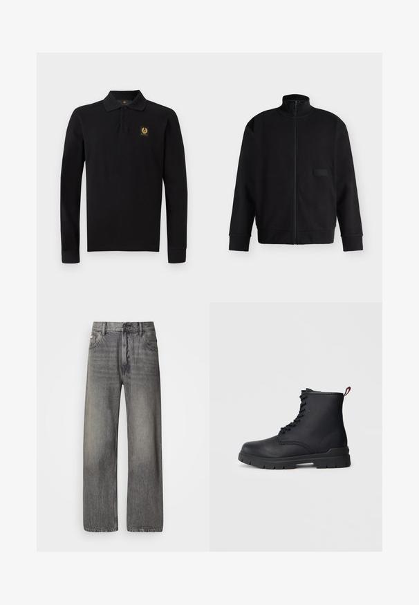 Schwarze Jacke mit Reißverschluss, hohem Kragen, langen Ärmeln, gerippten Bündchen und Saum sowie einem kleinen rechteckigen Aufnäher auf der Brust.; Schwarzes, langärmliges Polohemd aus Baumwolle. Verfügt über einen klassischen Kragen, eine Drei-Knopf-Leiste und ein goldenes Emblem auf der linken Brust.; Weit geschnittene Jeans aus dunkelgrauem Denim mit ausgewaschenem Finish. Verfügt über klassisches Fünf-Taschen-Design und Gürtelschlaufen.; Schwarze Leder-Stiefelette mit Schnüroptik, dickem Gummisohle und roter Schlaufe am Absatz, vor einem schlichten, hellen Hintergrund gezeigt.