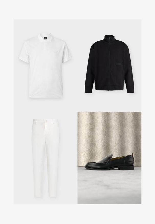 Veste noire zippée avec col montant, manches longues, poignets et ourlet côtelés, et un petit patch rectangulaire sur la poitrine.; Polo blanc à manches courtes avec col, patte de boutonnage et logo BOSS subtil brodé sur la poitrine gauche.; Pantalon blanc taille haute à jambes droites avec passants de ceinture, fermeture par bouton et braguette zippée sur un fond uni gris clair.; Mocassin pour homme en cuir noir avec un dessus embossé effet croco et un petit talon, présenté de profil sur un fond neutre.