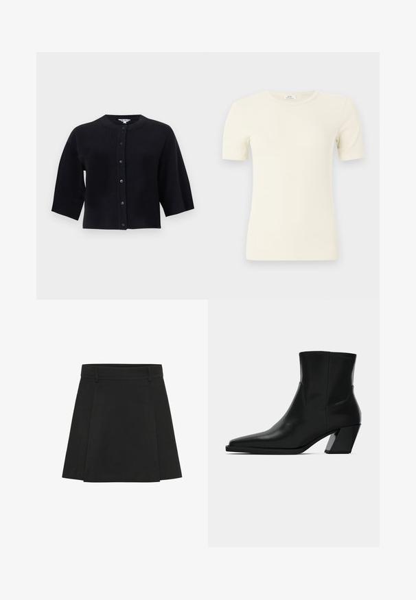 Sort cropped cardigan med rund halsudskæring og seks knapper foran, med bredde ærmer i albuelængde.; Cremefarvet ribstrikket T-shirt med korte ærmer og rund hals, tætsiddende pasform, vist på en ensartet lys baggrund.; Sort plisseret nederdel med en struktureret talje. Lavet af et tekstureret stof, den har tydelige folder og en lige kant.; Sortlæder ankelstøvle med spids tå, en slank silhuet og en kraftig firkantet hæl. Glat tekstur med minimale stikninger.