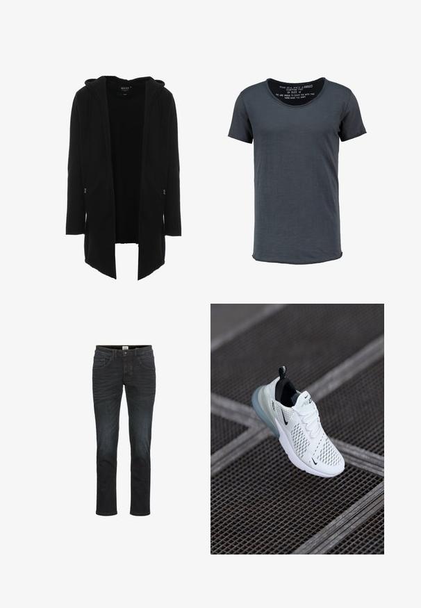 Zwarte lange hoodie gemaakt van zachte stof. Heeft een Relaxed fit, voorzakken met rits en een open voorkant voor gemakkelijk aan- en uittrekken.; Donkergrijze katoenen T-shirt met korte mouwen, een ronde halslijn en een licht gebogen zoom. Heeft bedrukte merktekst aan de binnenkant van de kraag.; Slim-fit jeans in een donkere denimwassingen, met vijf zakken, riemlussen en een rits. Glad textuur met minimale vervaging en stikseldetails.; Witte sportieve sneaker met geperforeerde mesh bovenkant, zwarte accenten, zichtbare veters en een doorzichtige luchtkussenzool.
