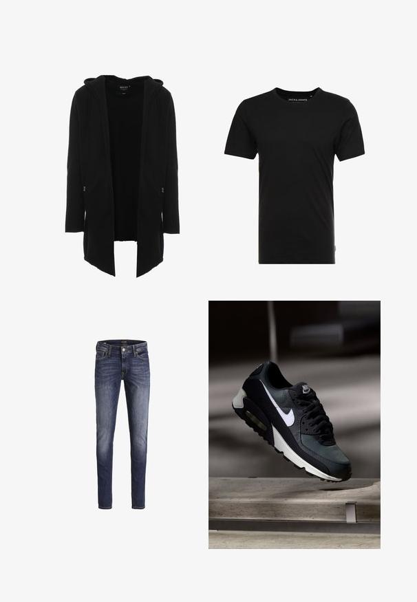 Zwarte lange hoodie gemaakt van zachte stof. Heeft een Relaxed fit, voorzakken met rits en een open voorkant voor gemakkelijk aan- en uittrekken.; Zwarte T-shirt met korte mouwen, gemaakt van katoen, met een ronde hals en een subtiele logotag aan de zijkant. Eenvoudig en veelzijdig ontwerp.; Donkerblauwe slim-fit jeans met lichte vervaging op dijen en knieën, met voorzakken, riemlussen en een knoopsluiting.; Zwart-grijze Nike Air Max sneaker met witte swoosh, zwevend boven een betonnen oppervlak tegen een wazige donkere achtergrond.