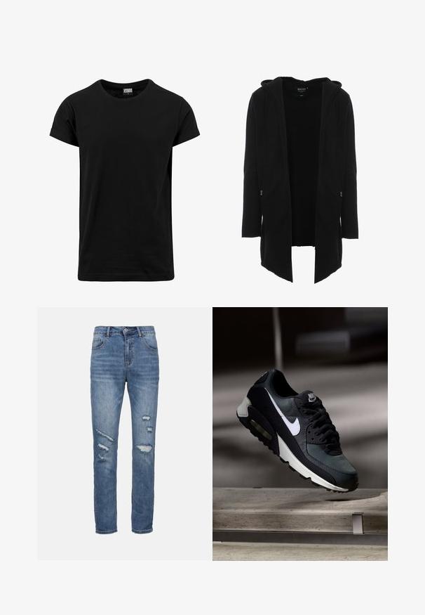 Schwarzer, langärmeliger Kapuzenmantel aus weichem Stoff. Verfügt über eine lockere Passform, vorne Reißverschlusstaschen und ein offenes Frontdesign für einfaches An- und Ausziehen.; Schwarzes T-Shirt aus Baumwolle, mit klassischem Rundhalsausschnitt, kurzen, umgeschlagenen Ärmeln und geradem Saum. Einfaches, einfarbiges Design ohne Muster.; Blaue Jeans aus Denim mit geradem Schnitt, versehen mit abgeriebenen Stellen, fünf Taschen und einem Knopfverschluss. Klassisches Mid-Rise-Design.; Schwarzer und grauer Nike Air Max Sneaker mit weißem Swoosh, schwebend über einer Betonfläche vor einem verschwommenen dunklen Hintergrund.