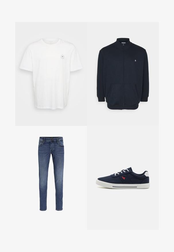 Marineblaue Zip-Hoodie mit hohem Kragen, Fronttaschen, gerippten Bündchen und kleinem Logo auf der Brust. Weicher Stoff.; Weißes Baumwoll-T-Shirt mit Rundhalsausschnitt und kurzen Ärmeln. Auffälliges Grafikdesign eines Auges, das von Strahlen umgeben ist, auf der linken Brust.; Regelmäßige Passform blaue Denim-Jeans mit glatter Textur, fünf Taschen und einer Knopfverschlus. Ausgewaschenes Design mit dezenten Wischdetails.; Marineblaue Segelschuhe aus Leinwand mit weißen Sohlen, featuring ein rotes Logo, weißen Ösen und blauen Schnürsenkeln. Glatte Textur mit einem Low-Top-Design.