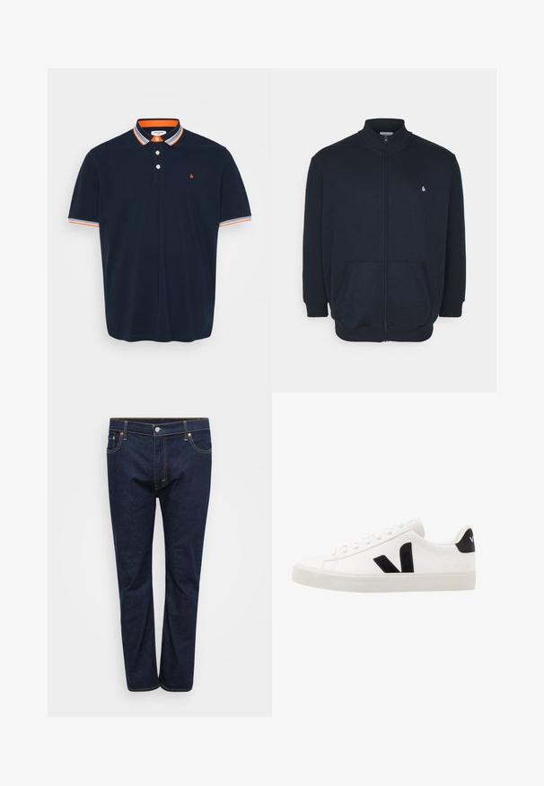 Mørkeblå zip-up sweatshirt med høj krave, frontlommer, ribbede manchetter og et lille logo på brystet. Blød stofstruktur.; Marineblå polo T-shirt i bomuld med krave, der har orange og grå striber, tre-knaps knaplukning og lille broderet logo på brystet.; Mørkeblå denim jeans med lige ben, der har synlige stikninger i kontrasterende gul, fem lommer og en frontlukning med knap.; Hvide lædersneakers med sorte ruskindsdetaljer; har en gummisål, rund tå og klassisk snørebåndsdesign. Side logo i sort.