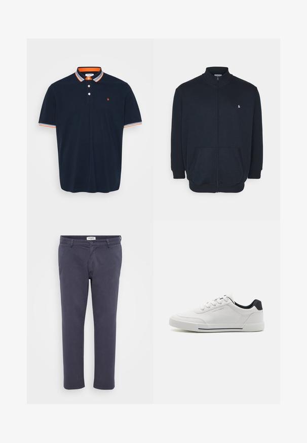 Sudadera de cremallera en azul marino con un alto cuello, bolsillos frontales, puños acanalados y un pequeño logo en el pecho. Textura de tela suave.; Polo de color navy en algodón con cuello que presenta rayas naranjas y grises, tapeta de tres botones y pequeño logo bordado en el pecho.; Pantalones azul marino de tejido suave con corte slim, que cuentan con bolsillos delanteros, cierre de botón y un acabado limpio en el dobladillo.; Zapatillas blancas con una parte superior sintética suave, puntera redonda, diseño de cordones, acento en azul marino en el talón y una suela de goma texturizada con una franja negra.