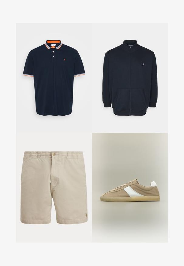 Mørkeblå zip-up sweatshirt med høj krave, frontlommer, ribbede manchetter og et lille logo på brystet. Blød stofstruktur.; Marineblå polo T-shirt i bomuld med krave, der har orange og grå striber, tre-knaps knaplukning og lille broderet logo på brystet.; Beige afslappede shorts med elastisk talje, knaplukning og lille broderet logo på venstre underben.; Lys brun ruskindssneaker med beige sål, hvid hælkappe, hvid sideliste og snørelukning på neutral baggrund.