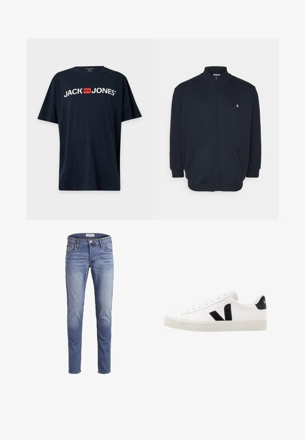 Mørkeblå zip-up sweatshirt med høj krave, frontlommer, ribbede manchetter og et lille logo på brystet. Blød stofstruktur.; Sort T-shirt med korte ærmer med hvid "JACK JONES" tekst og et rødt firkantet logo centreret på brystet.; Smalpassende blå jeans lavet af denim, med en falmet vask, fem lommer og en lynlås i front med knaplukning.; Hvide lædersneakers med sorte ruskindsdetaljer; har en gummisål, rund tå og klassisk snørebåndsdesign. Side logo i sort.