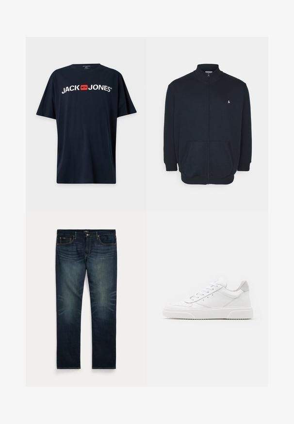 Mørkeblå zip-up sweatshirt med høj krave, frontlommer, ribbede manchetter og et lille logo på brystet. Blød stofstruktur.; Sort T-shirt med korte ærmer med hvid "JACK JONES" tekst og et rødt firkantet logo centreret på brystet.; Mørkeblå denimjeans med subtil falming på forreste lår og orange syninger, med knap- og lynlåslukning samt fem lommer.; Hvide lædersneakers med en glat finish, rund tå, flade snørebånd og en struktureret sål. Grå ruskindsdetalje ved hælen.