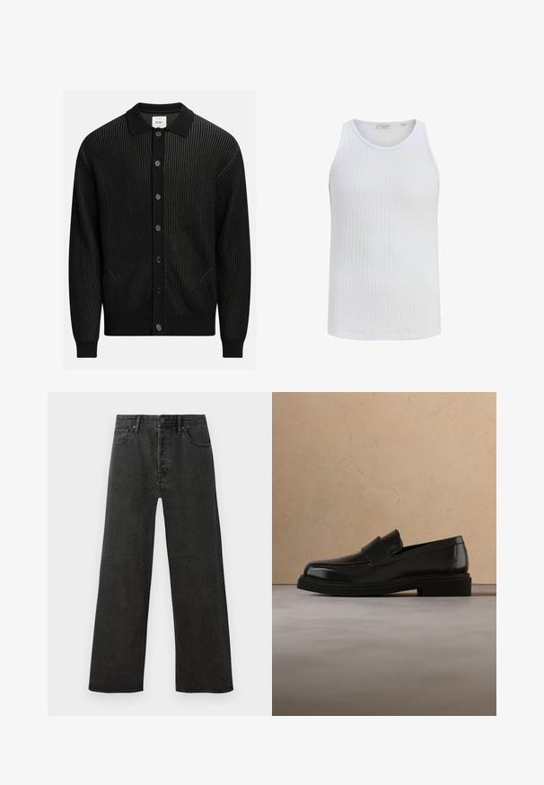 Zwarte geribde cardigan met een kraag, vijf knoopsluitingen en een textuurstof. Gemaakt van een zacht materiaal met contrasterende accenten.; Witte geribbelde katoenen mouwloze tanktop met ronde hals van Jack & Jones, getoond op een effen witte achtergrond.; Zwarte hoge taille spijkerbroek met rechte pijpen, voorzien van een knoop- en ritssluiting, en vijf zakken op een witte achtergrond.; Zwarte leren loafer zweeft boven een beige gestructureerd kleed, met op de achtergrond een ronde houten salontafel en boeken.