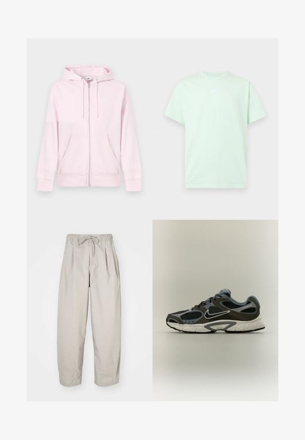 Rosa hættejakke med lynlås lavet af blødt stof, med kængurulomme, snøre i hætten og lille hvidt logo på venstre bryst.; Lys grøn Nike T-shirt med korte ærmer, rund hals og lille hvidt logo centreret på brystet mod en ensfarvet baggrund.; Beige, lette bukser med elastisk talje og snor. Har plisseringer og en løs pasform, lavet af blødt, glat stof.; Sort og grå Nike løbesko med hvid sål og swoosh, åndbare meshpaneler og polstret krave, vist i profil på neutral baggrund.