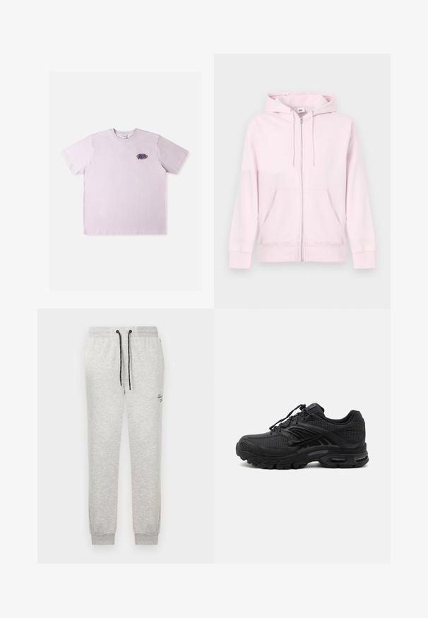 Rosa Kapuzenpullover mit Reißverschluss aus weichem Stoff, mit Kängurutasche, Kapuze mit Kordelzug und kleinem weißen Logo auf der linken Brust.; Rosa Baumwoll-T-Shirt mit kurzen Ärmeln, das ein kleines mehrfarbiges Logo auf der linken Brustpartie zeigt. Einfaches, legeres Design.; Hellgraue Sweatpants mit schwarzen Kordeln, elastischem Bund, Bündchen an den Knöcheln und kleinem schwarzem Text am oberen Oberschenkel.; Schwarzer athletischer Sneaker mit strukturiertem Stoff, dicker gepolsterter Sohle, Luftauslässen und Schnürverschluss, von der Seite auf hellem Hintergrund gezeigt.