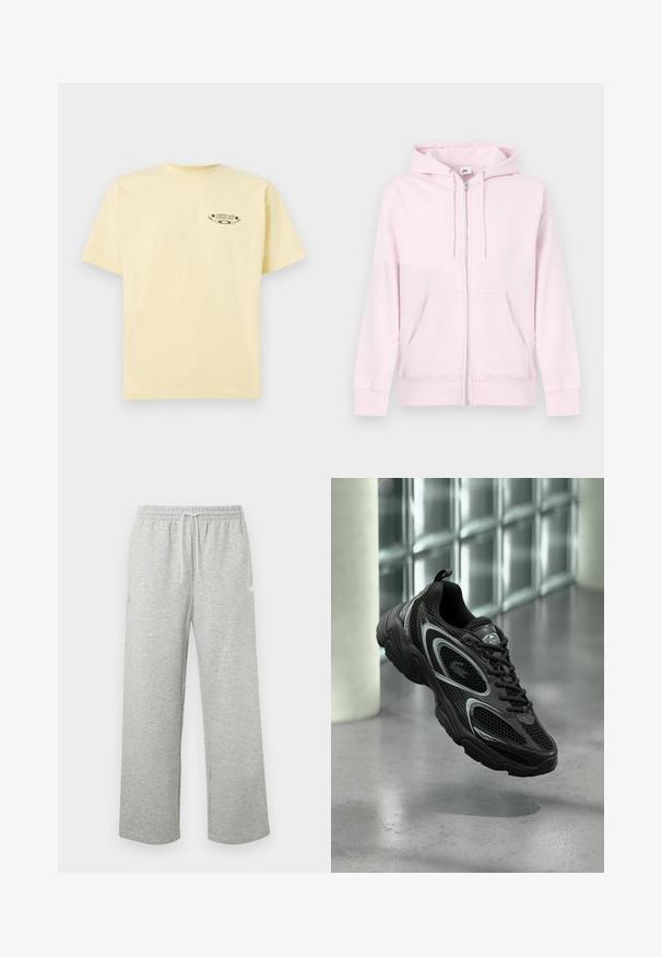 Sudadera con capucha rosa de tela suave, con bolsillo canguro, capucha con cordón y pequeño logotipo blanco en el pecho izquierdo.; Camiseta de algodón amarilla con mangas cortas y cuello redondo, que presenta un logo gráfico impreso en la parte izquierda del pecho.; Pantalones deportivos gris claro con cordón, cintura elástica y piernas sueltas y rectas, mostrados sobre un fondo liso.; Zapato deportivo negro con material de malla y sintético, suela texturizada, diseño elegante, detalles plateados y cierre de cordones al frente.